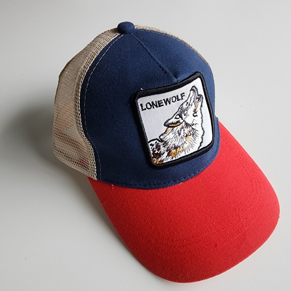Lone Wolf Trucker Hat Mens Navy Red Tan Mesh Snapback Animal Patch Retro Cap